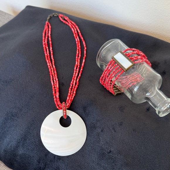 Avon Jewelry - Avon Red Beaded Necklace and bracelet set with White mother of pearl Pendant